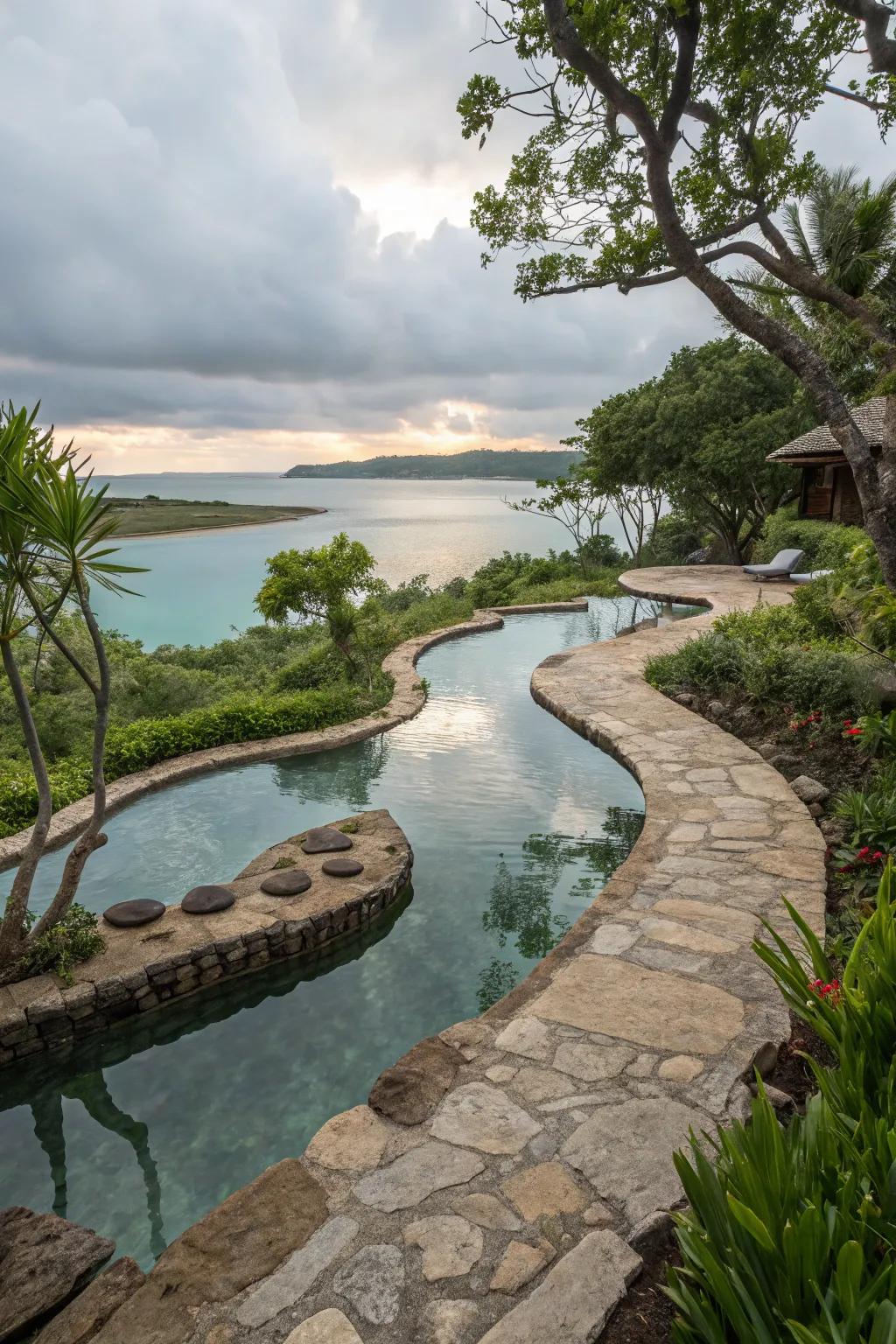 Native stone lends an earthy, timeless allure to lagoon pools.