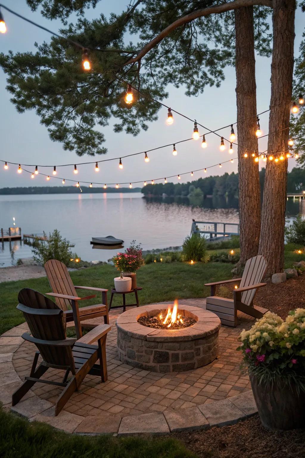 A cozy fire pit zone perfect for evening gatherings.