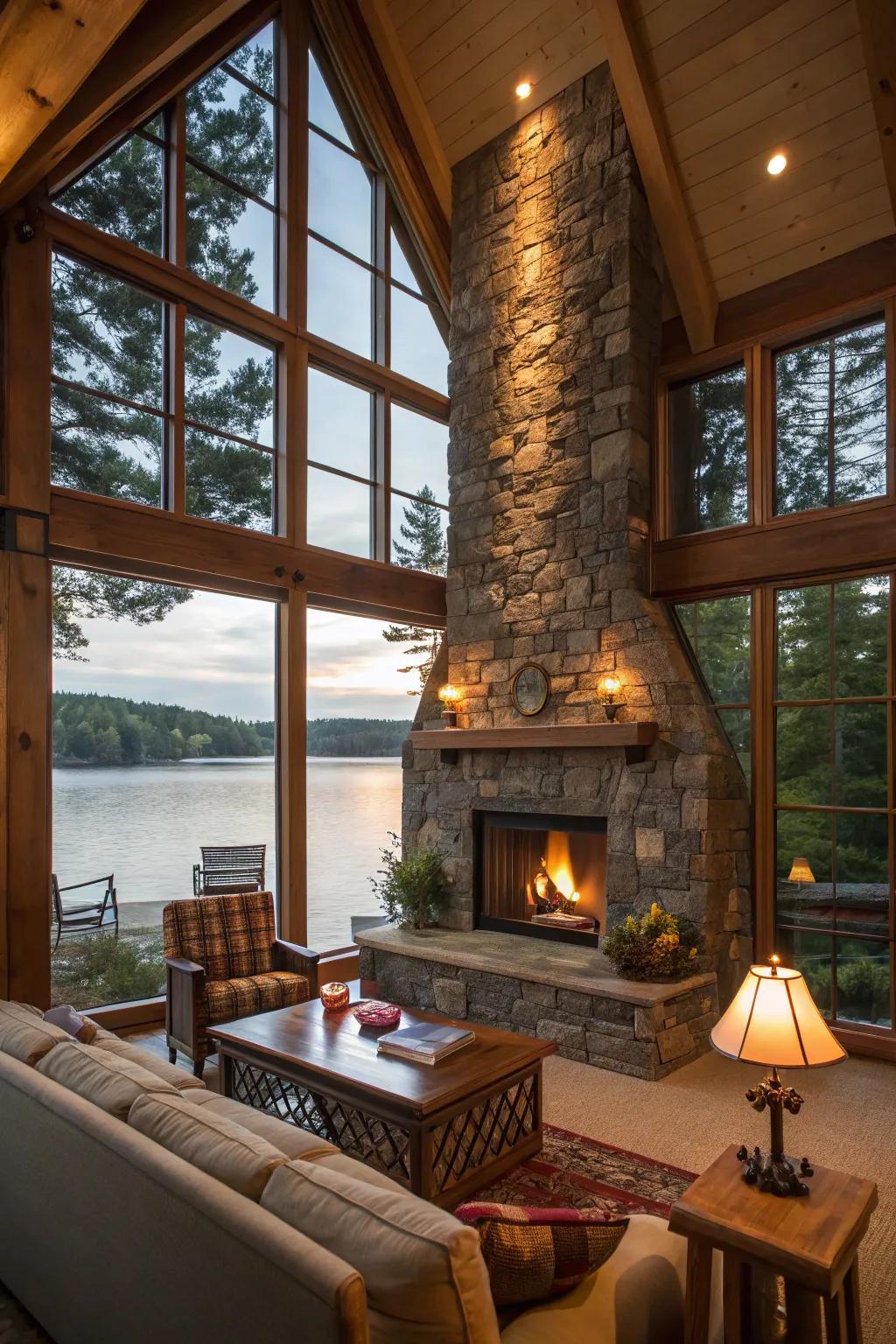 A statement hearth serves as a gathering convergence point.