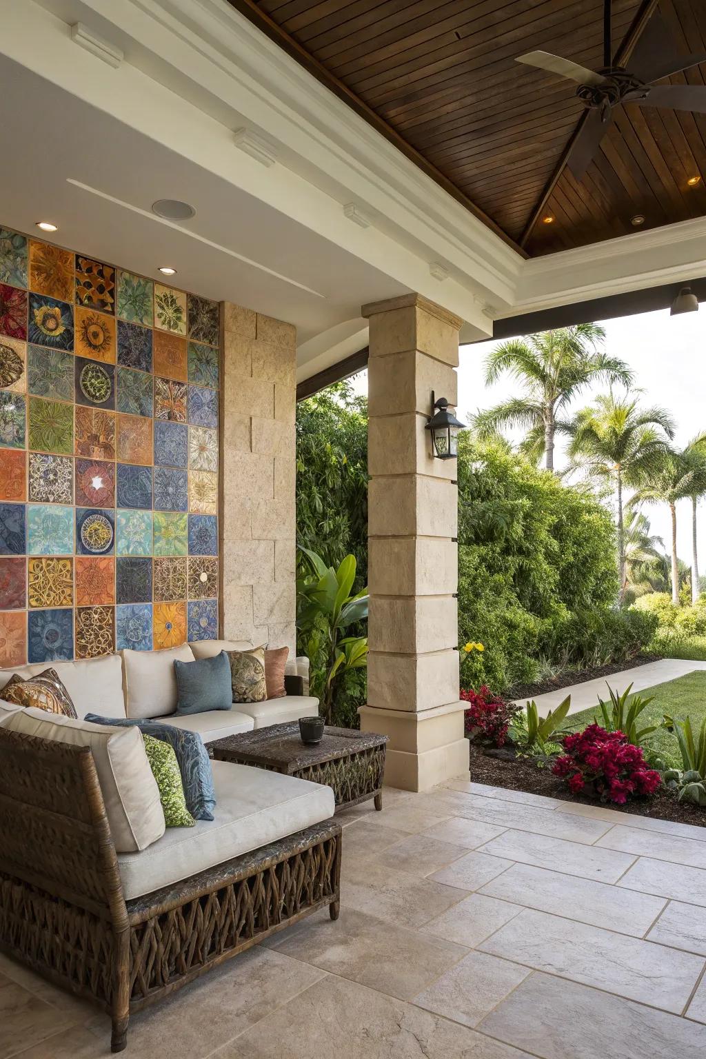 An accent wall adds personality and flair to this lanai.