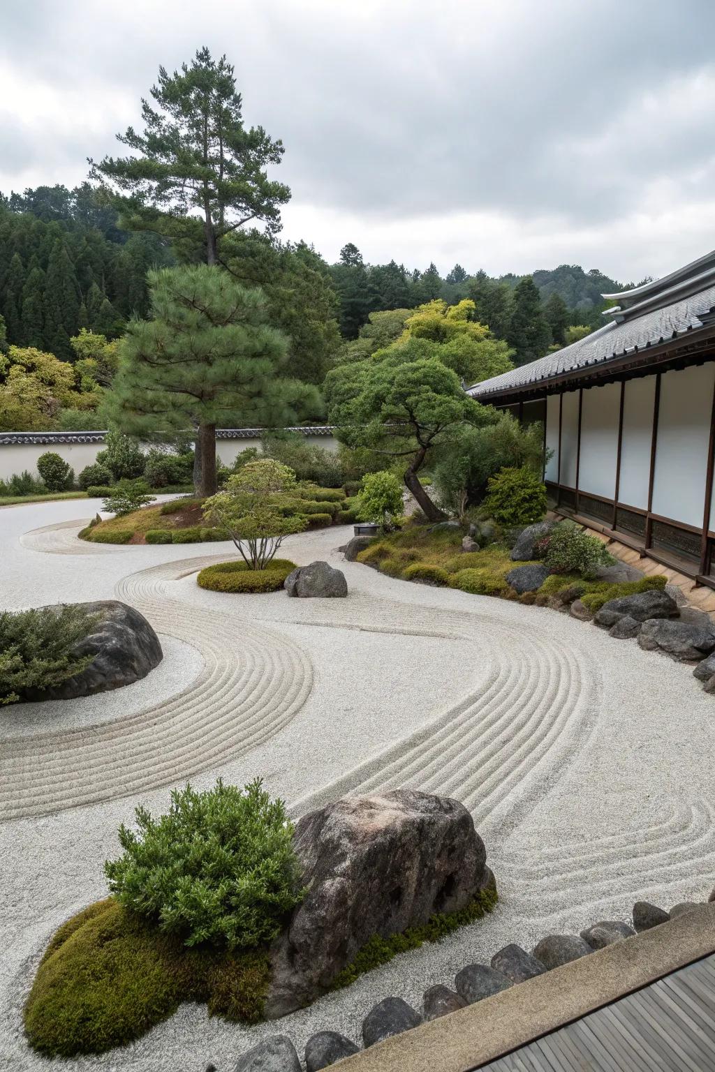 Design a peaceful retreat with a Zen garden island.