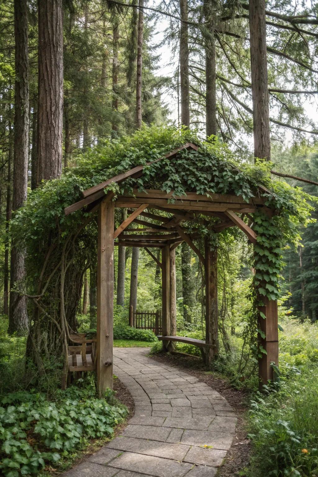 A timber covered walkway enriching upright intrigue to the woodland.