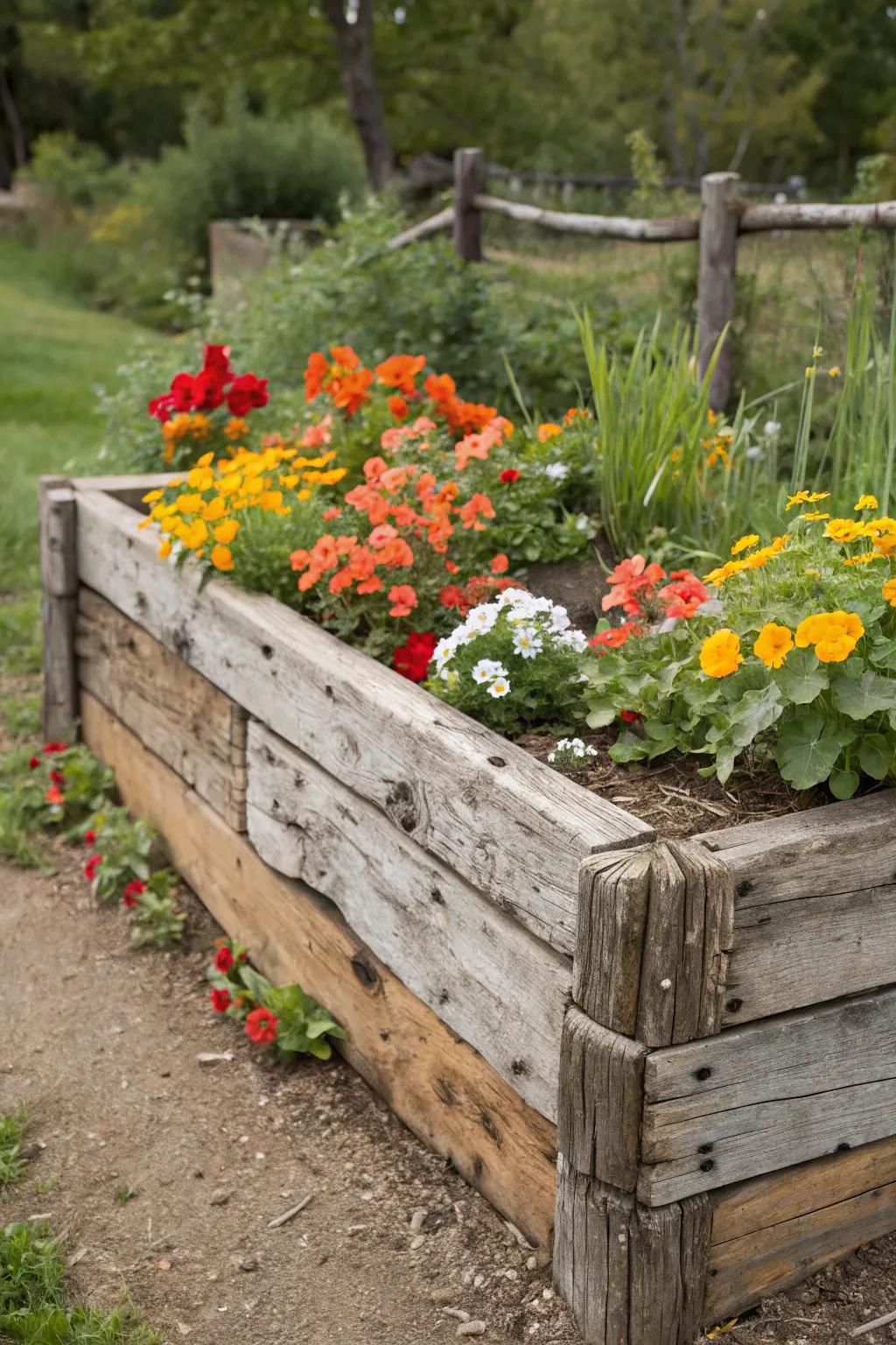 Reclaimed boards infuse persona and eco-friendliness to botanical beds.