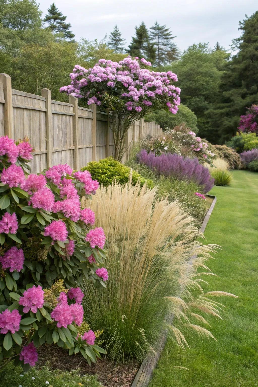 Rhododendrons and grasses offering texture and movement.