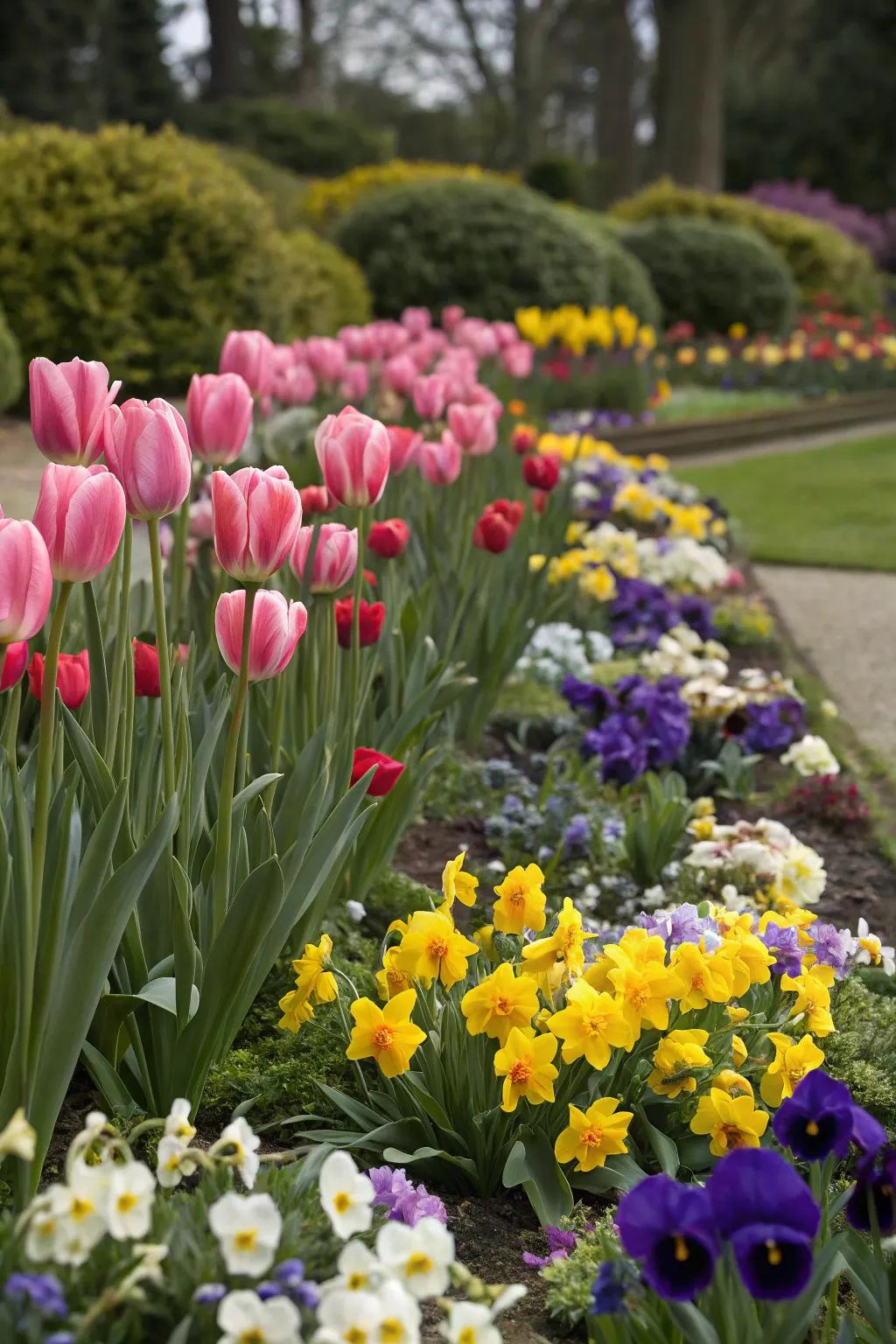 Tulips and daffodils intermingled with pansies, creating an extended color display.