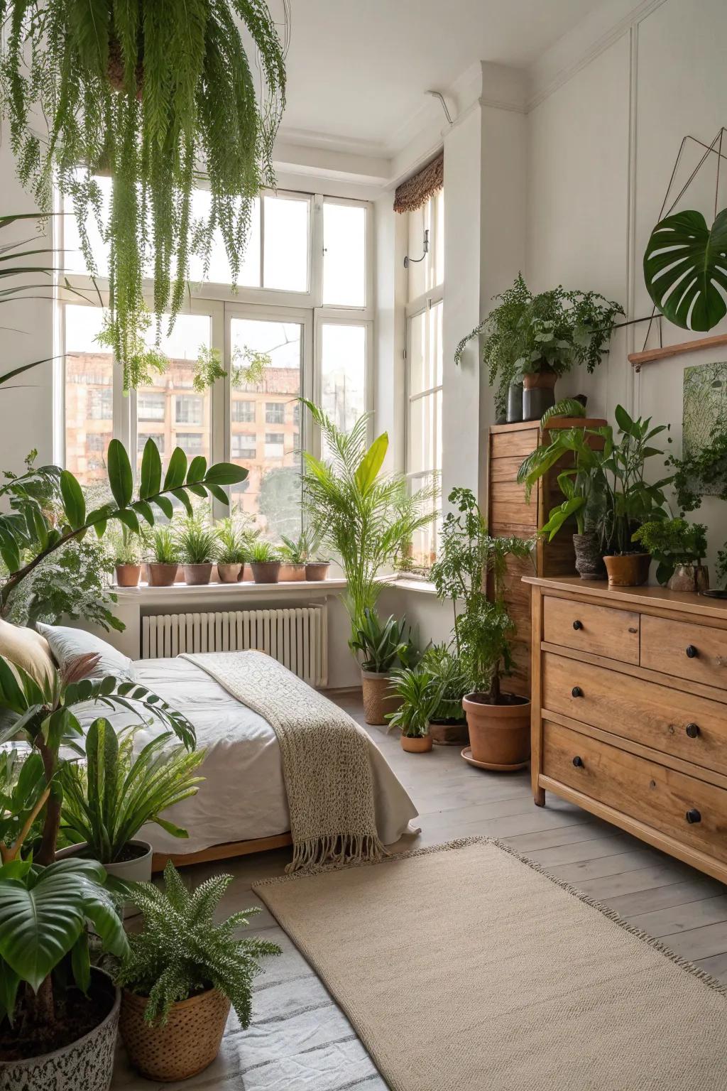Potted plants flood this ample boudoir with raw allure and freshness.