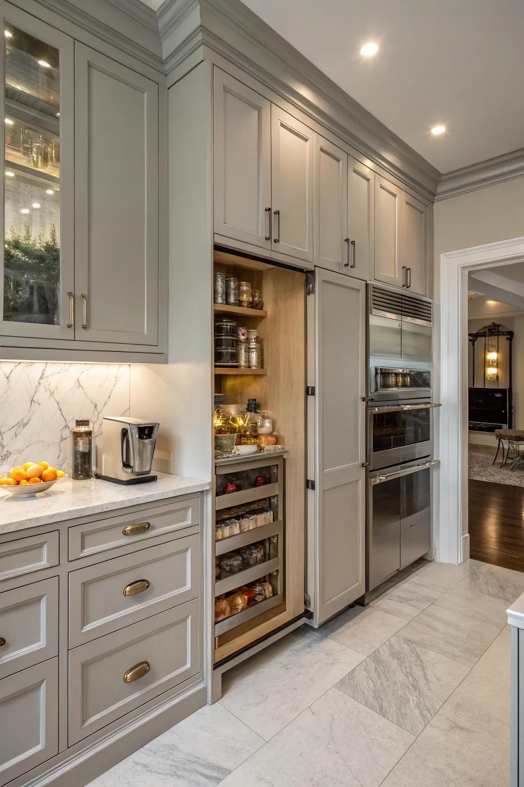 A kitchen featuring a hidden prep area for seamless organization.
