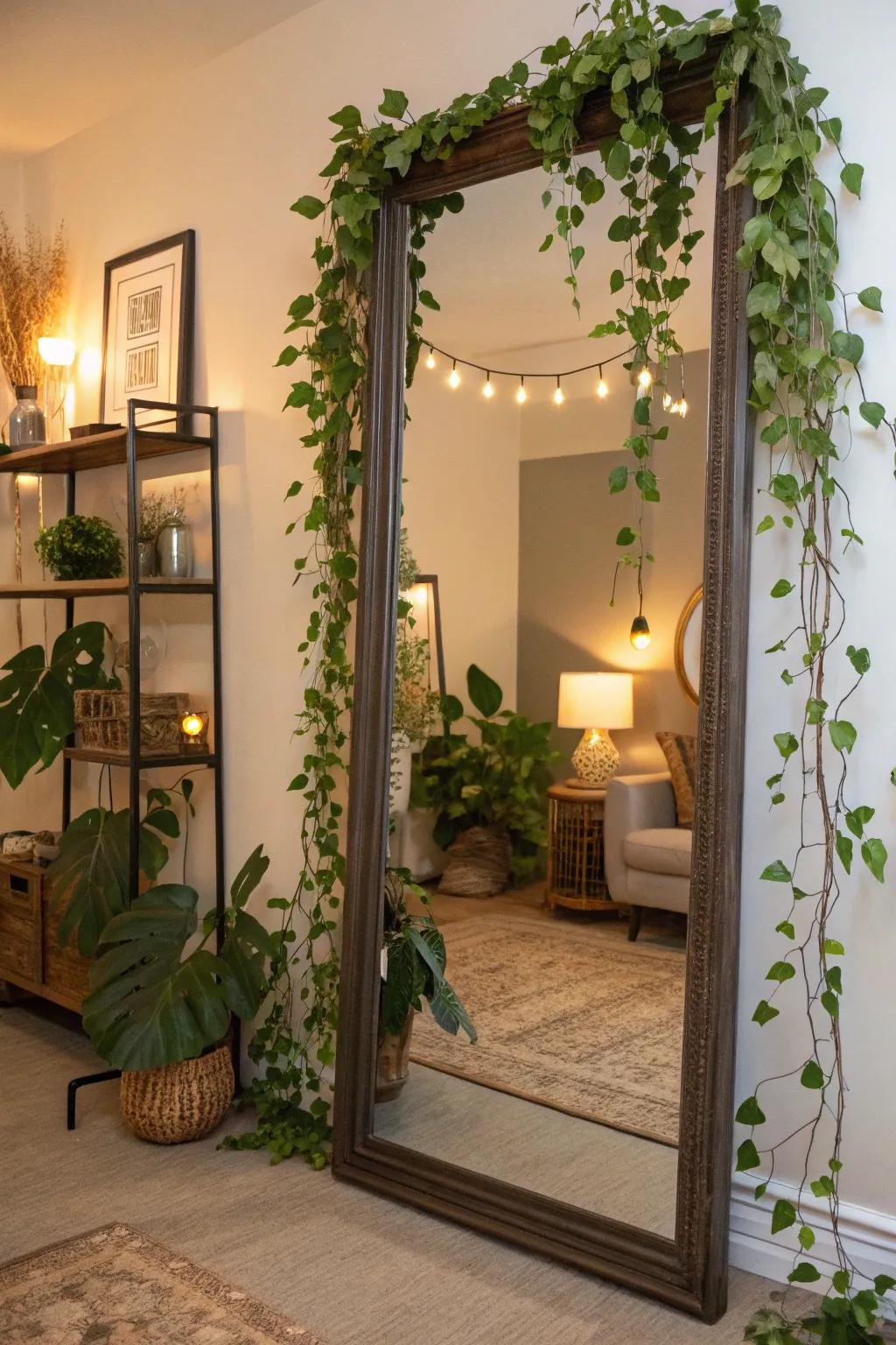 Trailing plants around a mirror fashion a lush, natural ambiance.