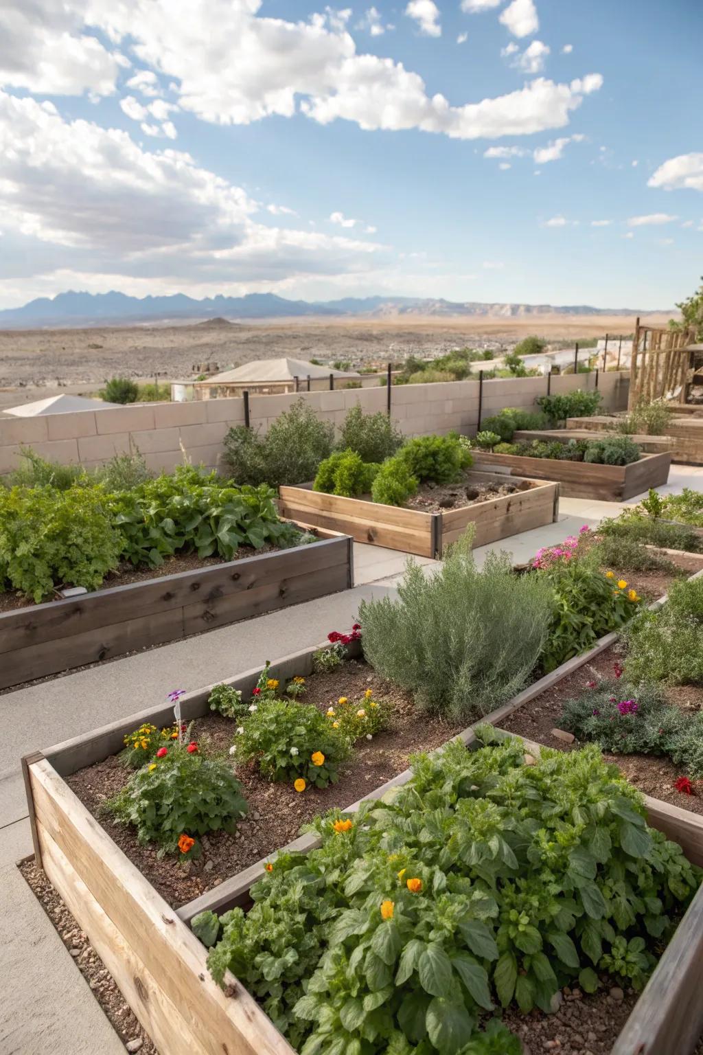 Tiered planting beds displaying herbs and blossoms in a Las Vegas backyard.