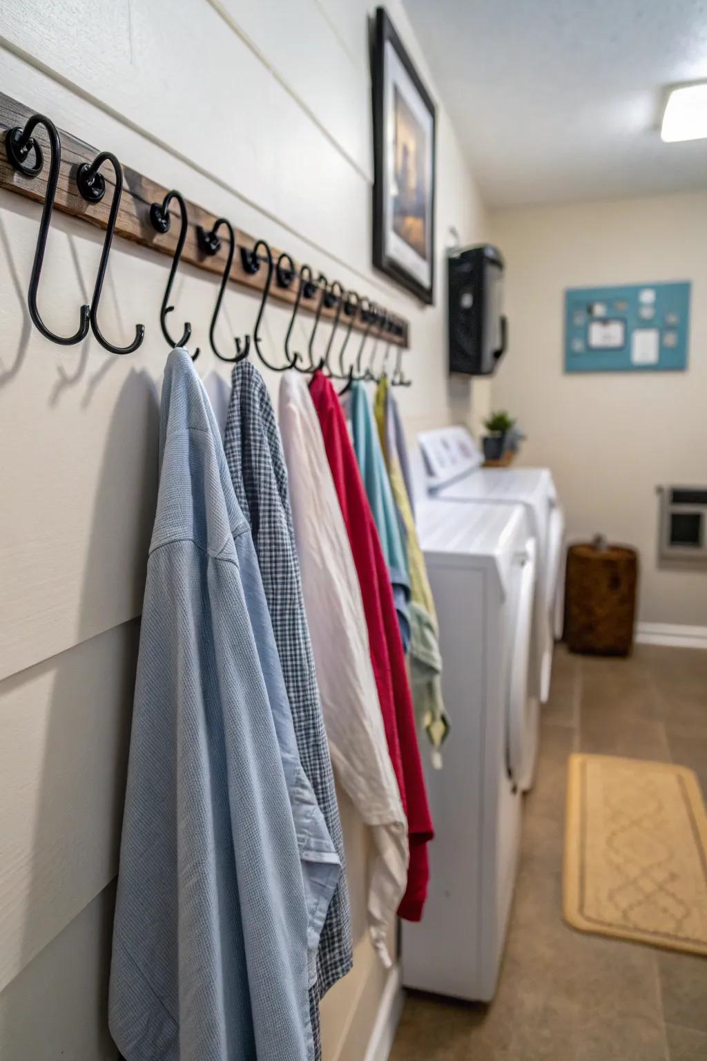 Wall hooks help keep space tidy.