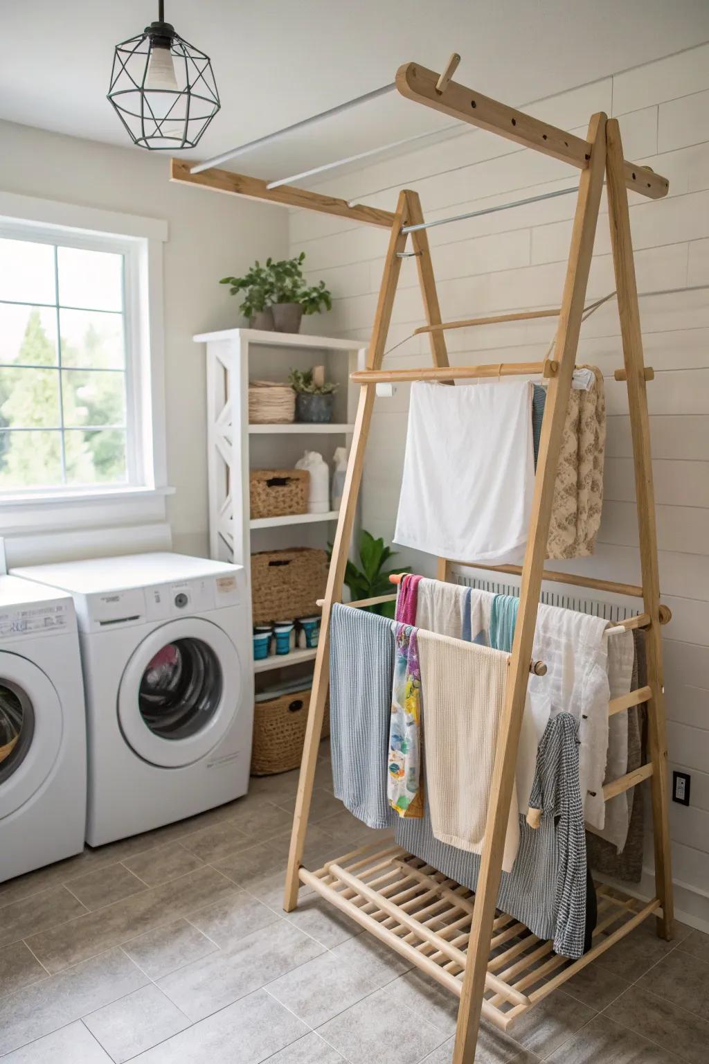 A unique DIY drying shelf perfectly suited to a particular washing area.