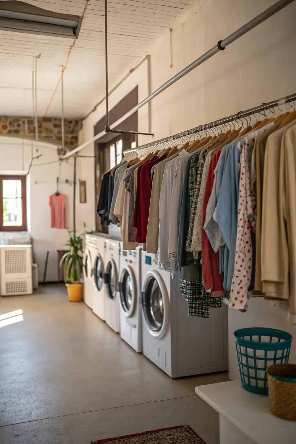 Hanging rails offer efficient drying without occupying floor space.