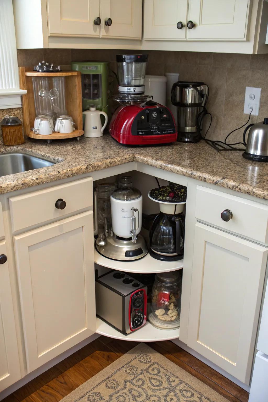 An organized kitchen cabinet that uses a spinning organizer to ensure easy appliance access.