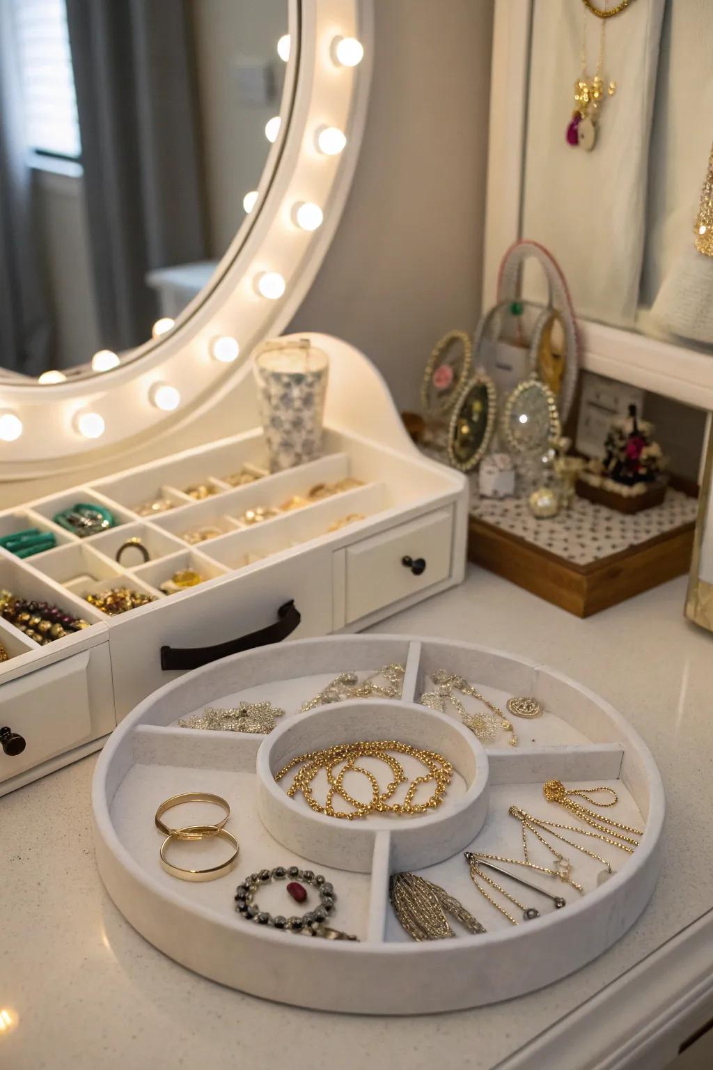 With a Lazy Susan, you can easily reach and display your jewelry.
