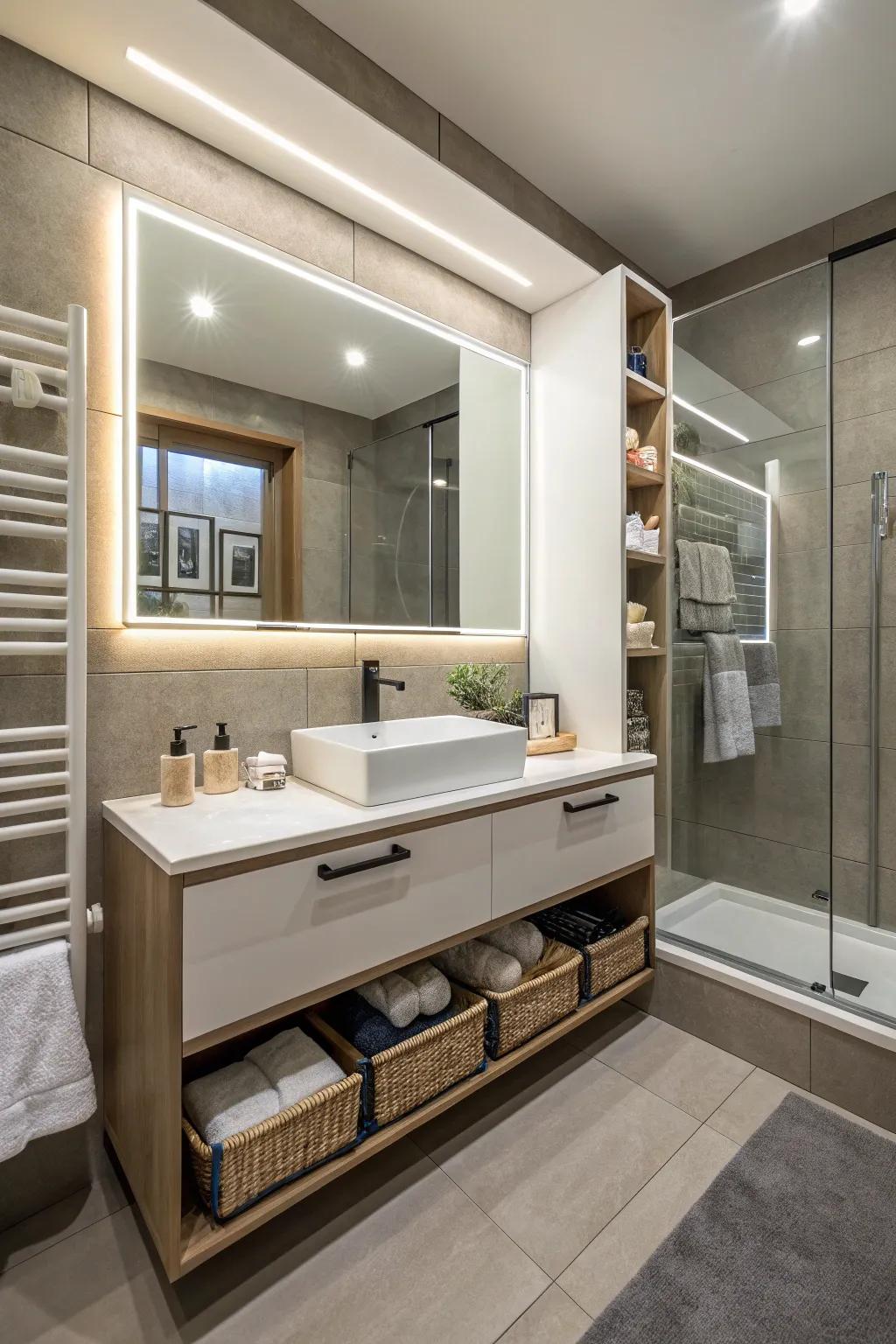A functional bathroom design featuring an illuminated mirror with built-in storage.