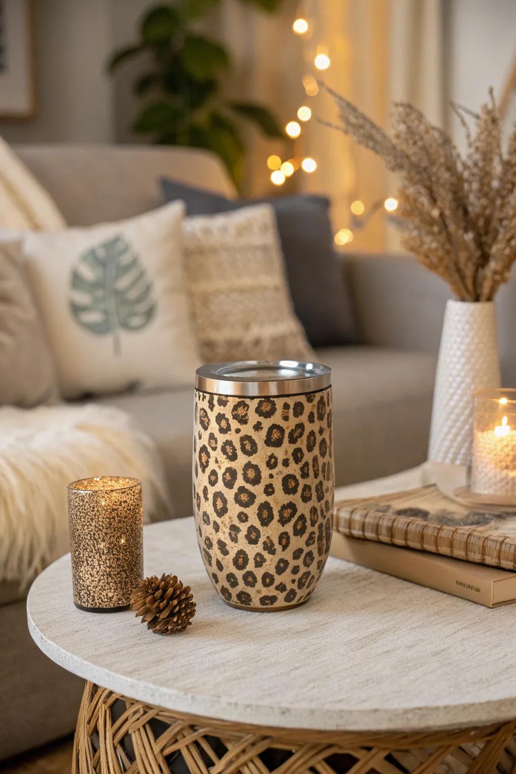 A terrestrial-toned wildcat motif tumbler that complements neutral home embellishments.