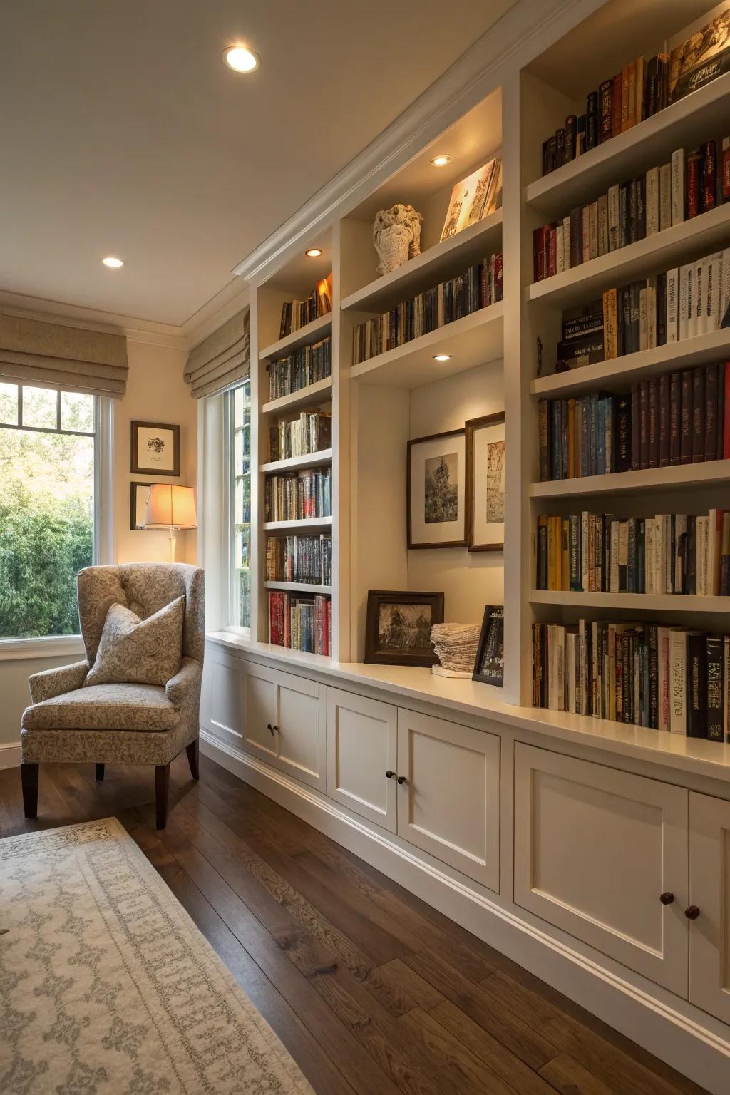 Built-in shelves provide a design.