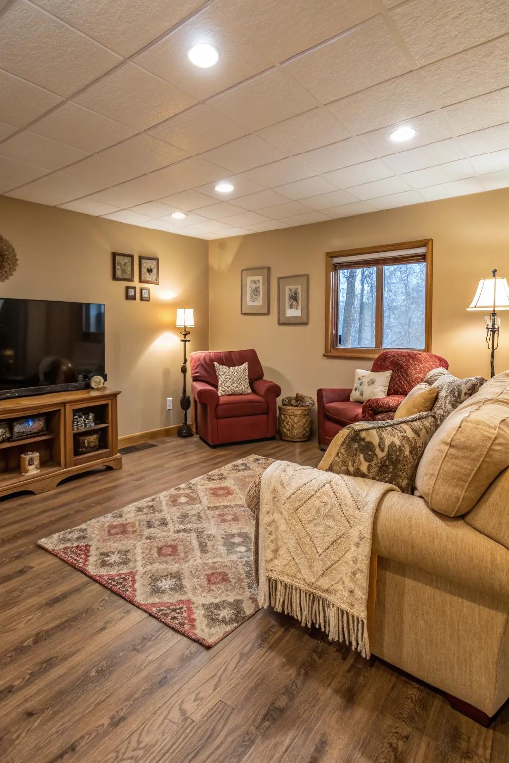 Pale brown imitation wood flooring contributes warmth to this cozy family room.
