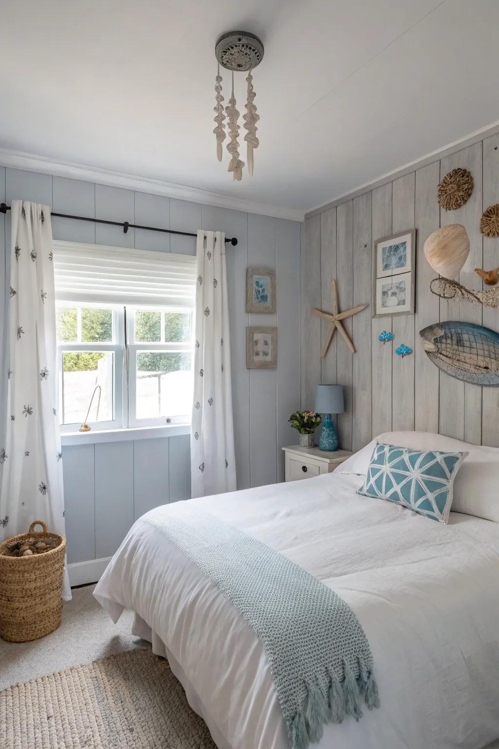 Beach décor creates a seaside atmosphere.