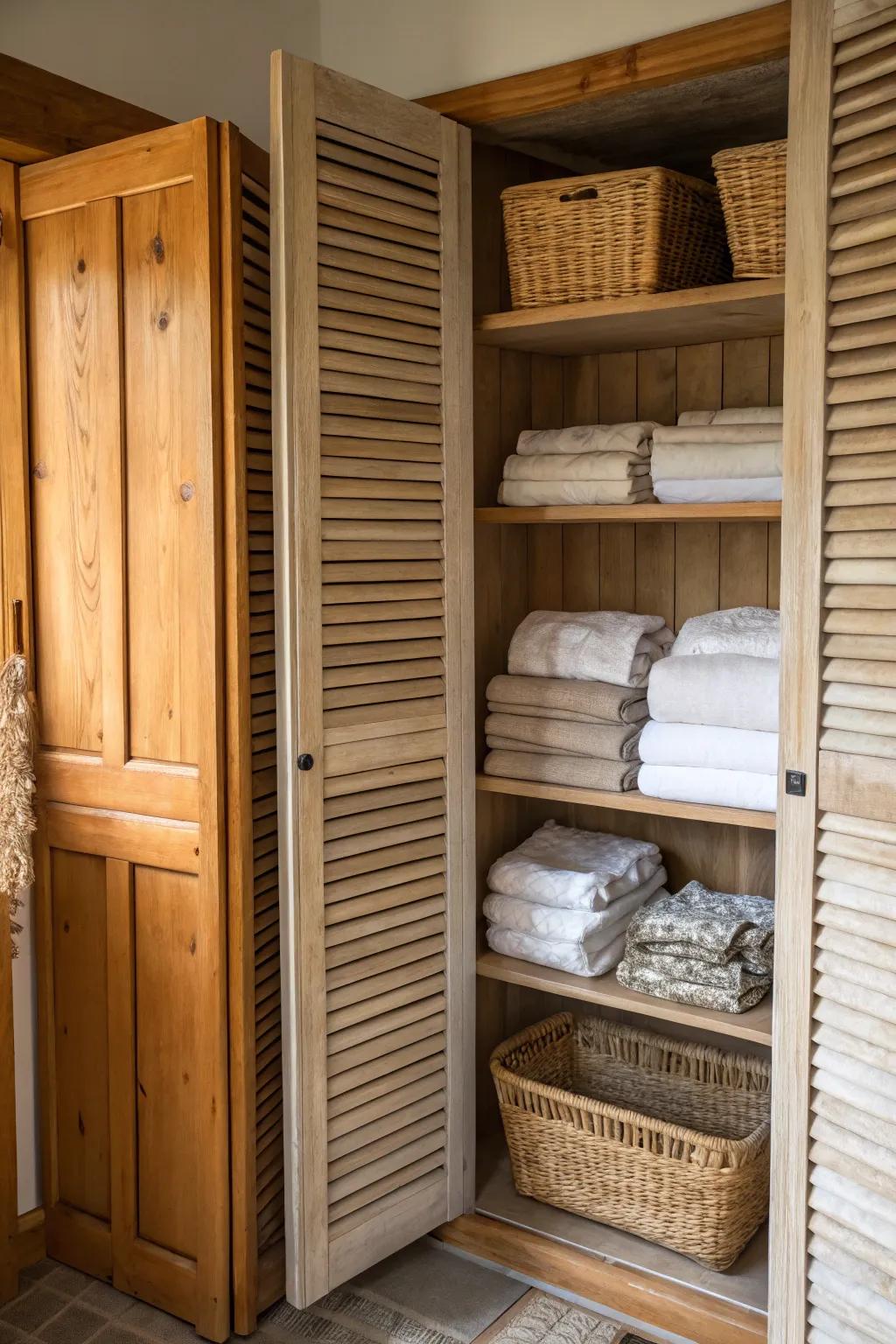 Reclaimed louvers append allure and history to a linen closet.