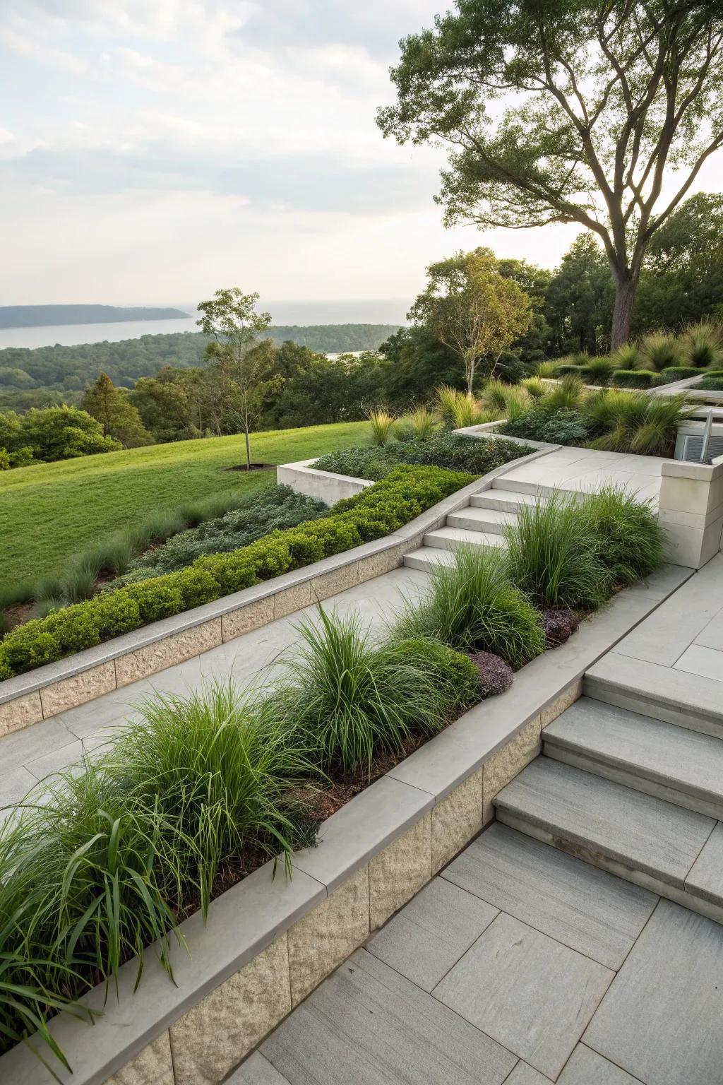 Balcony edges softened by 'fountaingrass', enhancing the landscape's natural flow.