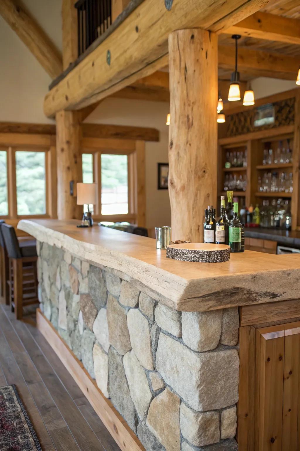 A natural-edge bar perfectly paired with stone elements, improving its country charm.