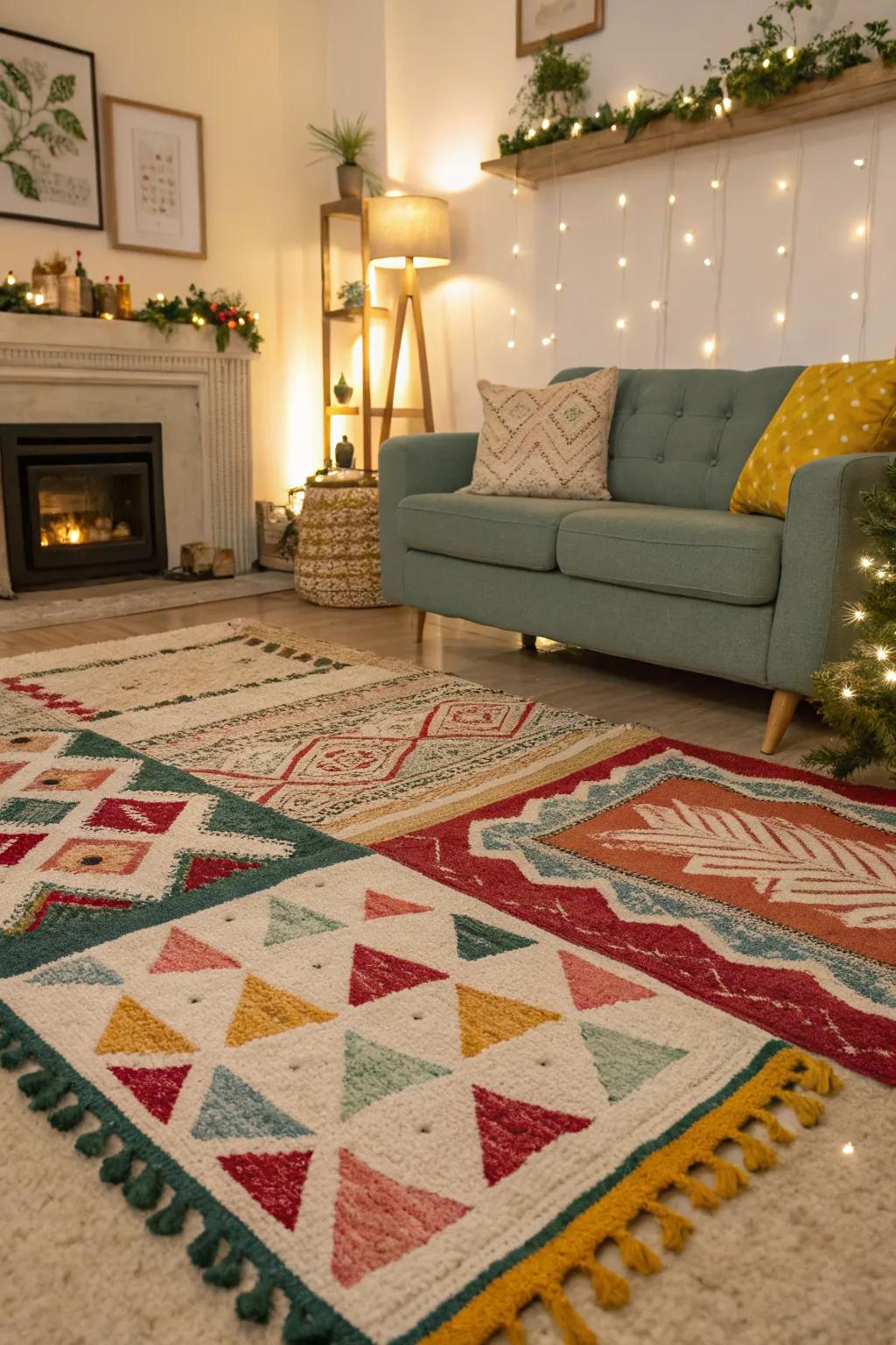 Layered mats in celebratory shades add texture and warmth to your living area.