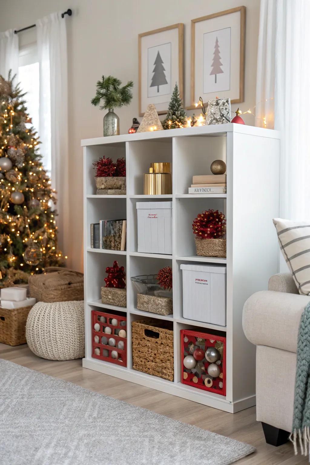 A themed decor stockpile utilizing cube storage to ensure a clutter-free home.