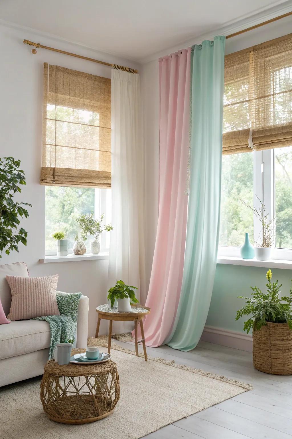 The pairing of pastel draperies alongside bamboo shades engenders a revitalizing ambiance.