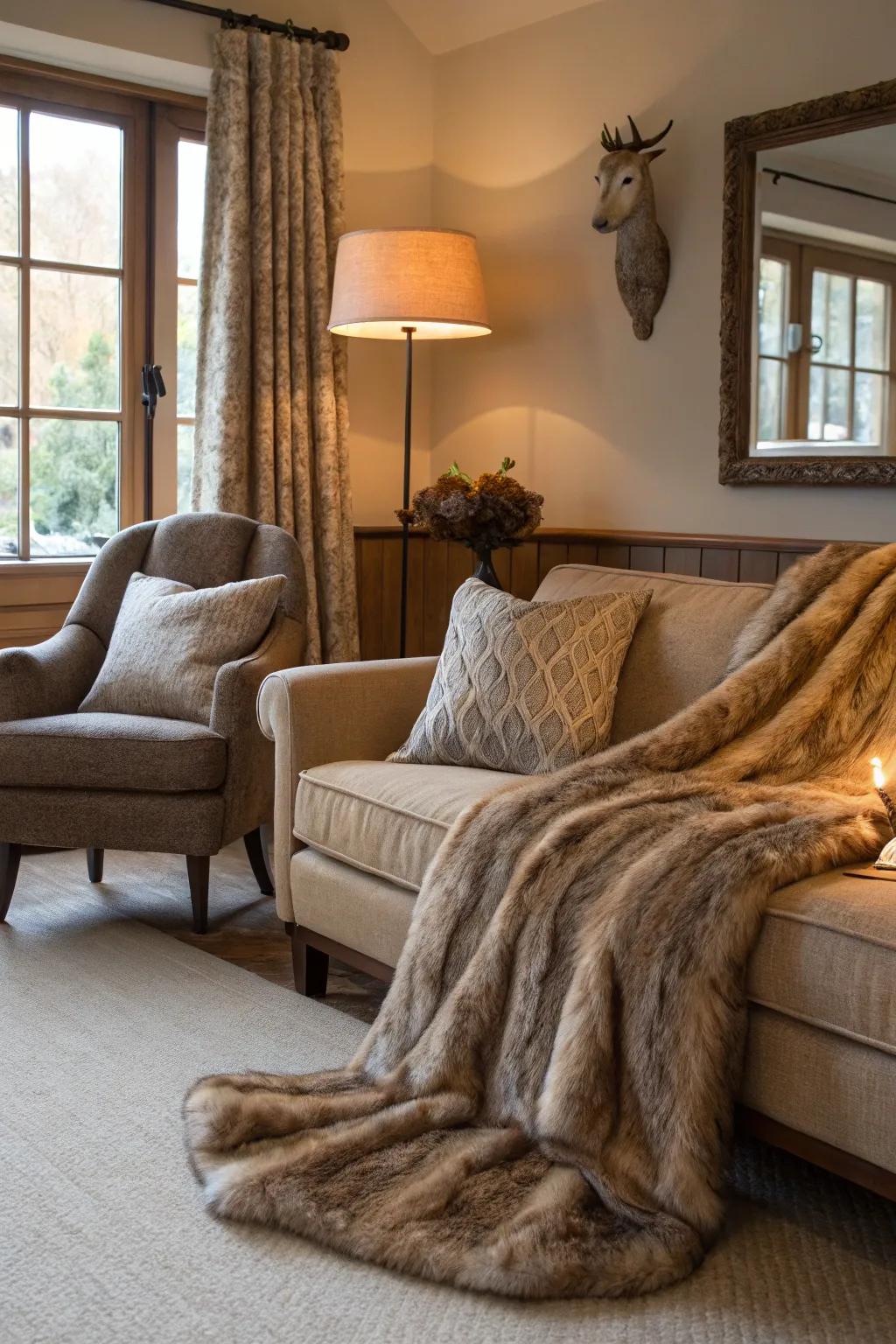 Fleece accents elevate luxury and coziness in this inviting living room.