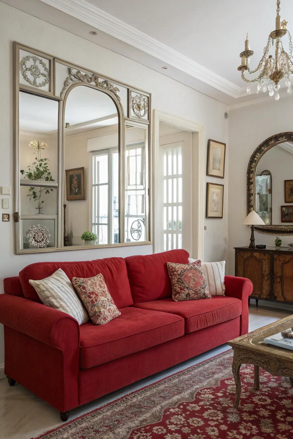 Looking glasses and reflective surfaces amplify illumination and hue, enhancing the ruby settee's impact.