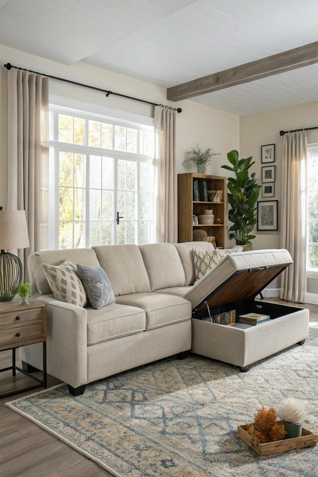 Under-sectional storage keeps the living area tidy.