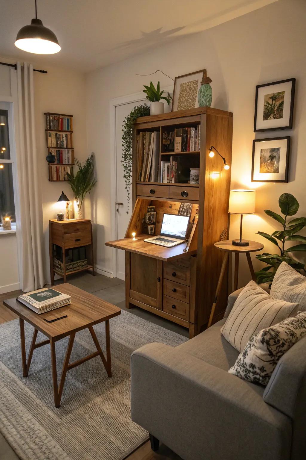 A hidden office setup keeps work out of sight when needed.