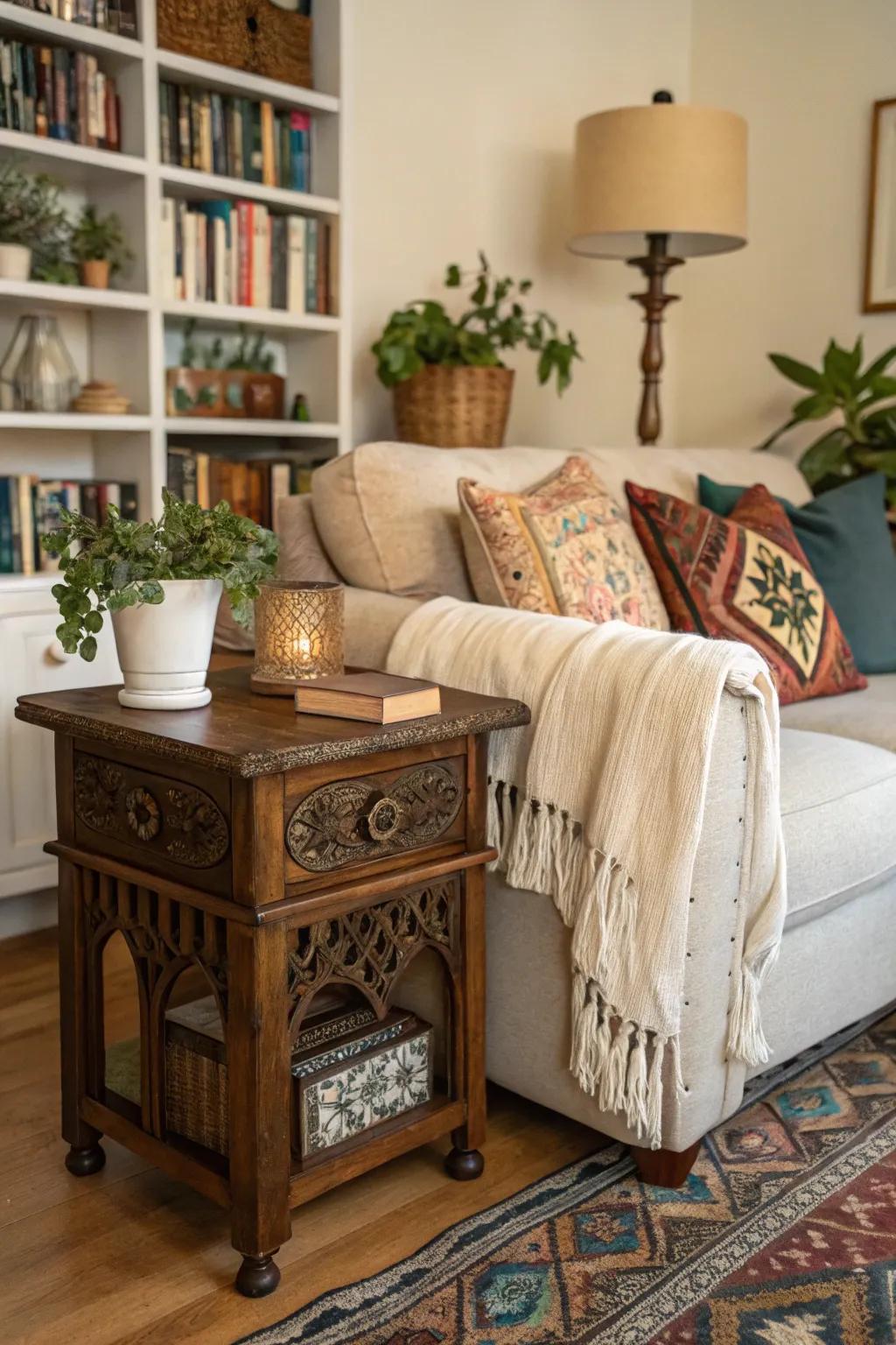Antique treasures repurposed as side tables enhancing character.