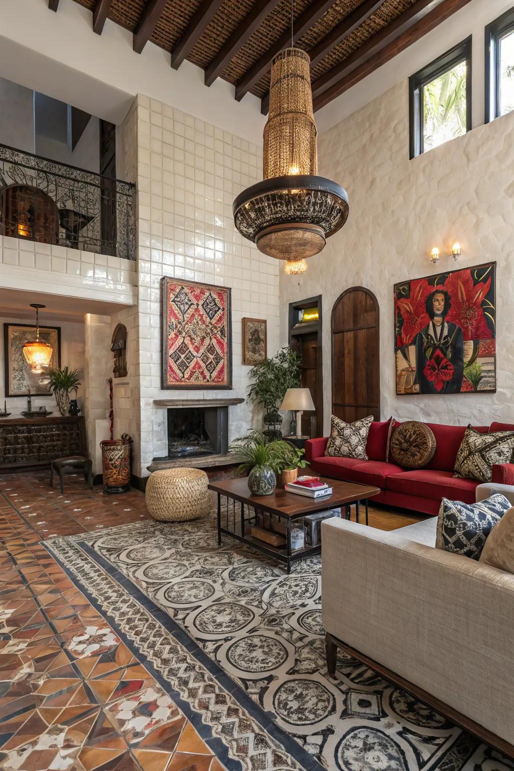Dramatic living room with mixed-size tile design.