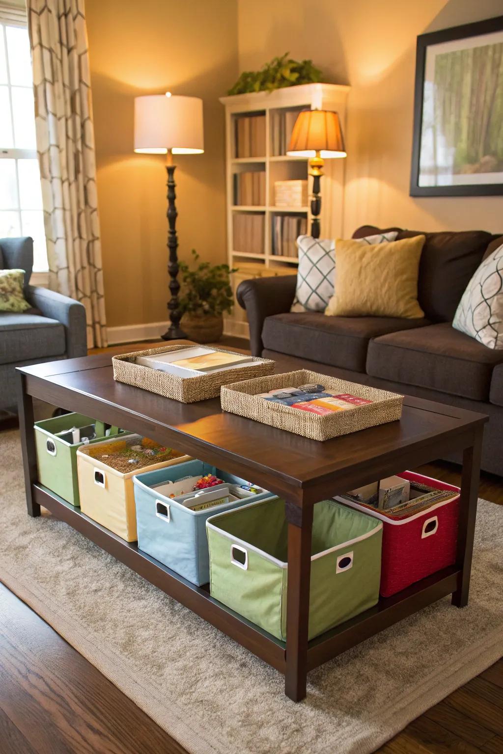 Under-table stowage provides discreet toy arrangement.