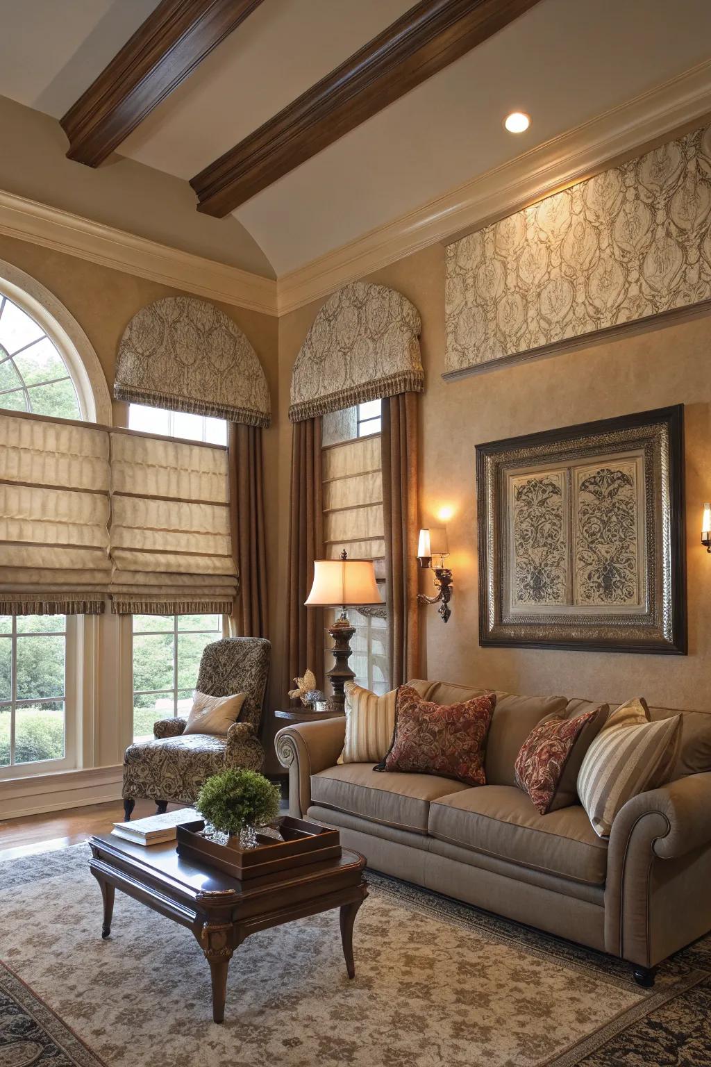 Roman shades adding texture and elegance to the living area.