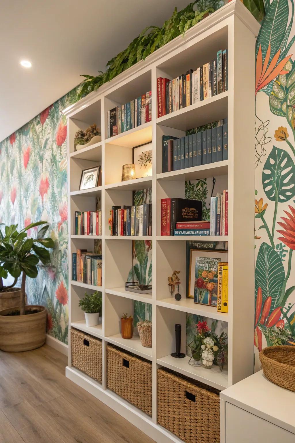 Wall covering adds a fun splash of vibrancy and design to your bookshelves.