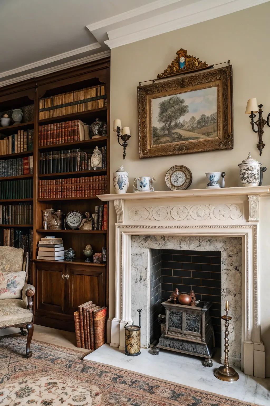 A fireside adorned with antique decor and historic relics, evoking sentiments of classic charm.