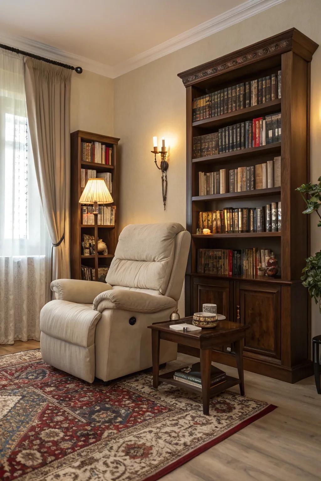 A sophisticated living room corner featuring a recliner and bookshelf.
