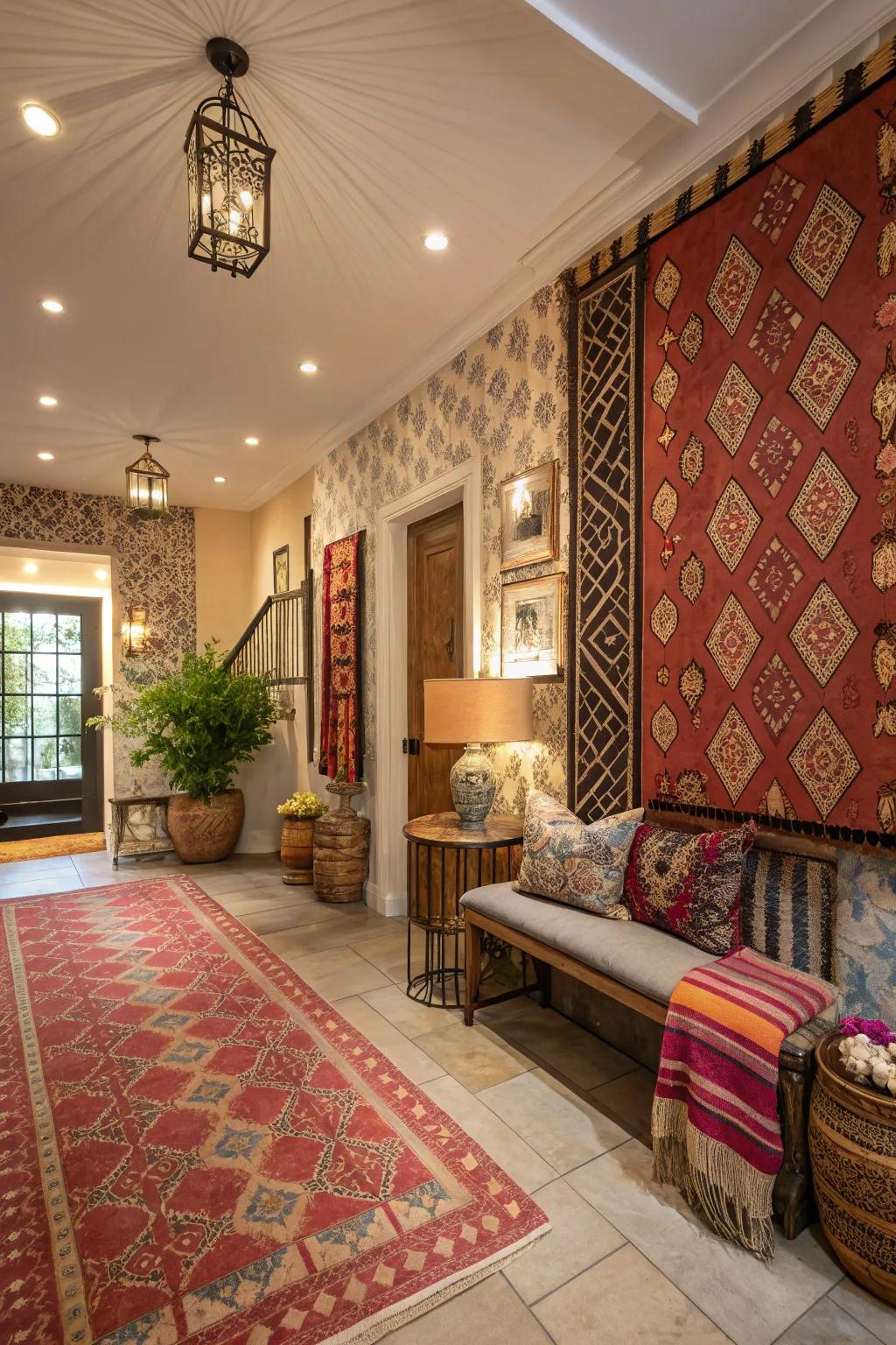 A dynamic foyer with bold patterns