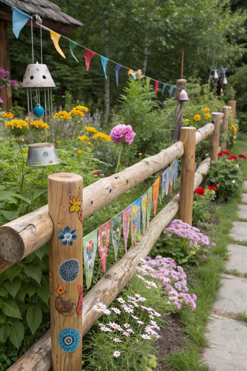 Append artistic touches to transform your log fence into a masterpiece.