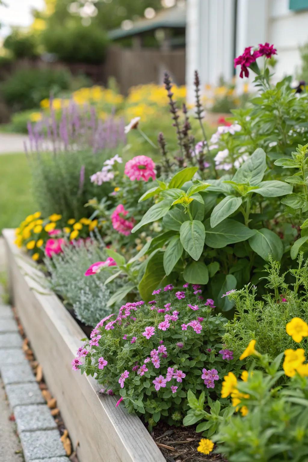 Herbs provide aroma and utility alongside floral beauty.