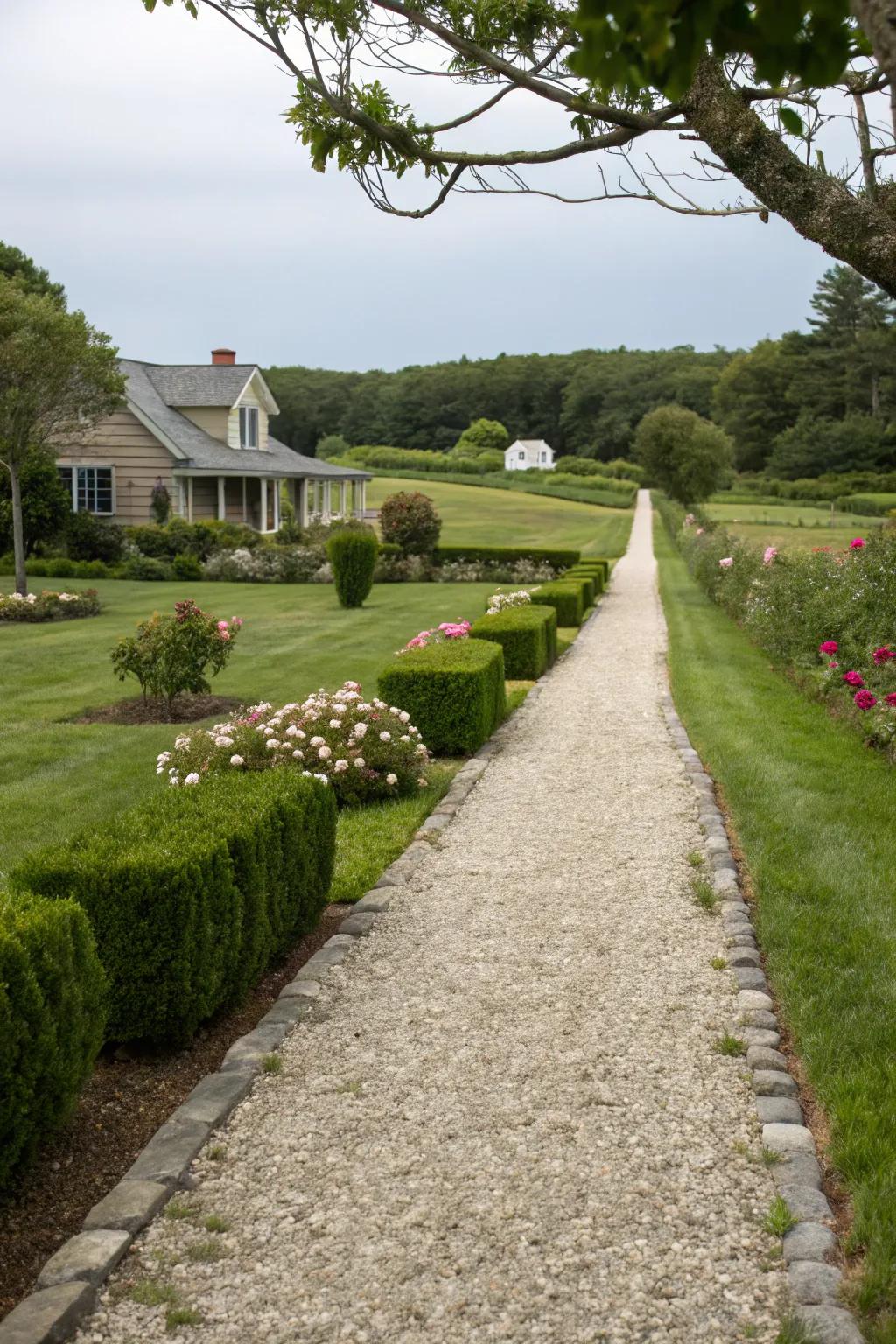 A gravel pathway provides easy access and rustic appeal.