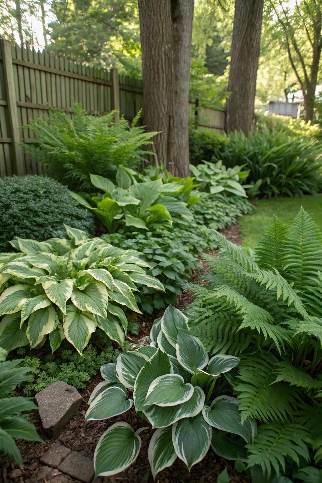 Lush shade garden featuring hostas and ferns.
