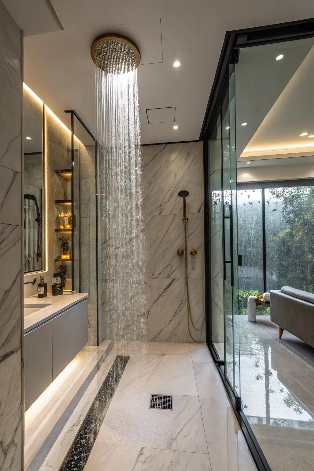 A luxurious bathroom featuring a cascade showerhead.