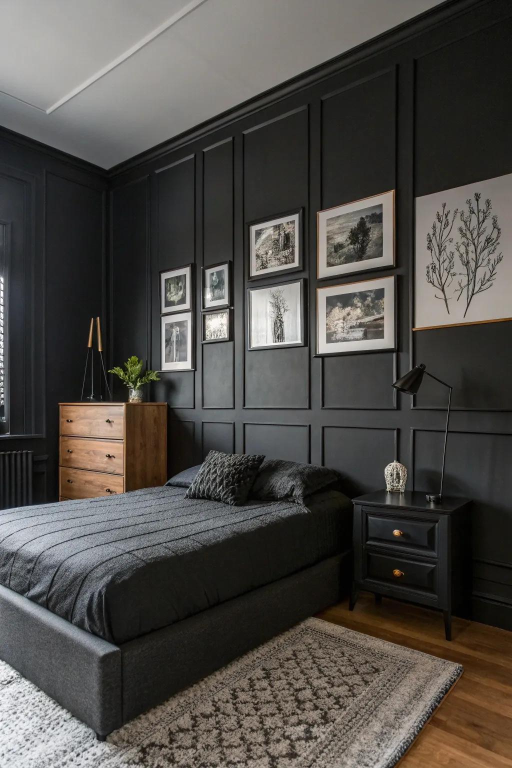 Black and white art adds sophistication and personal flair to this chic onyx bedroom.