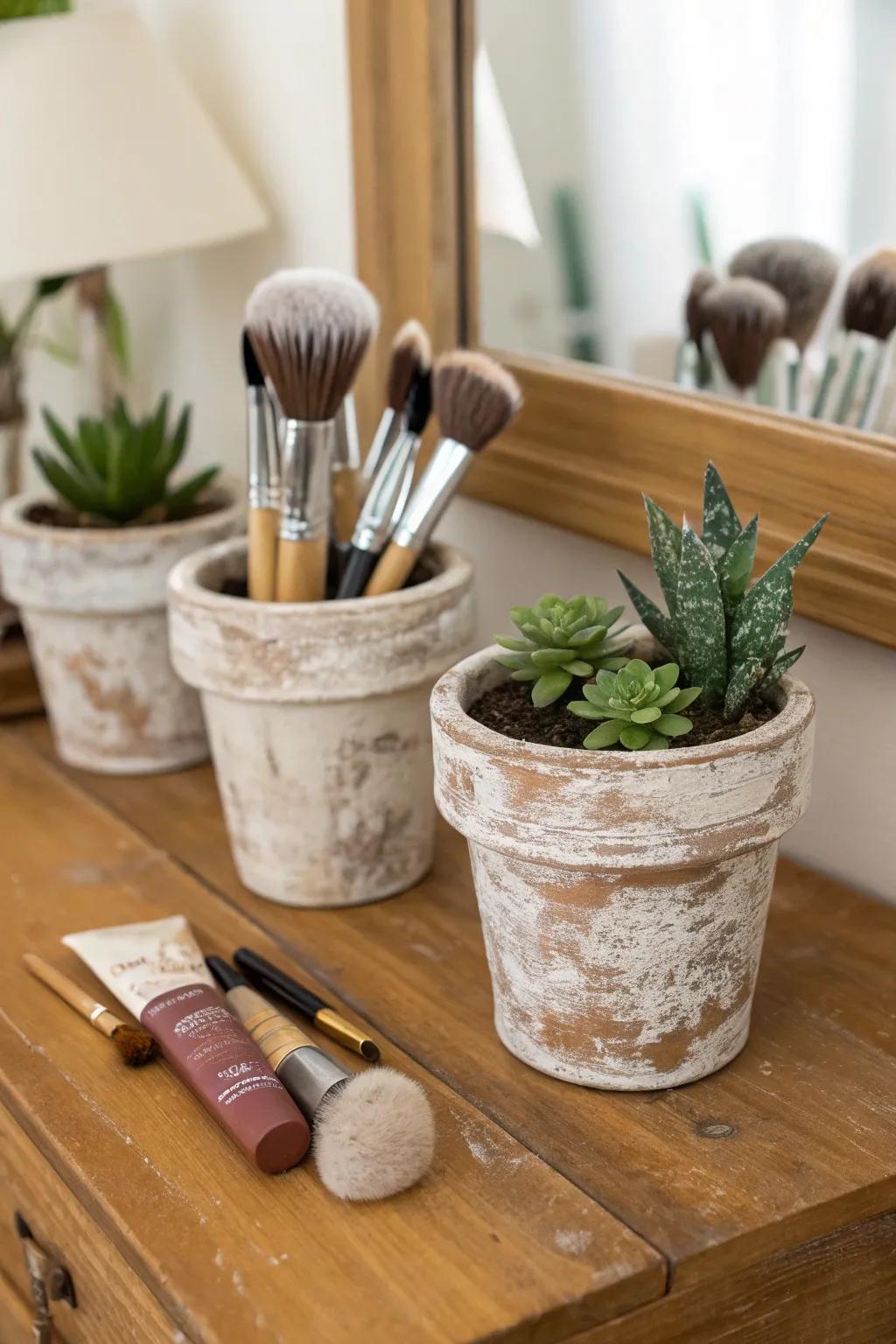 Floral containers inject a countryside appeal into the conservation of makeup brushes.