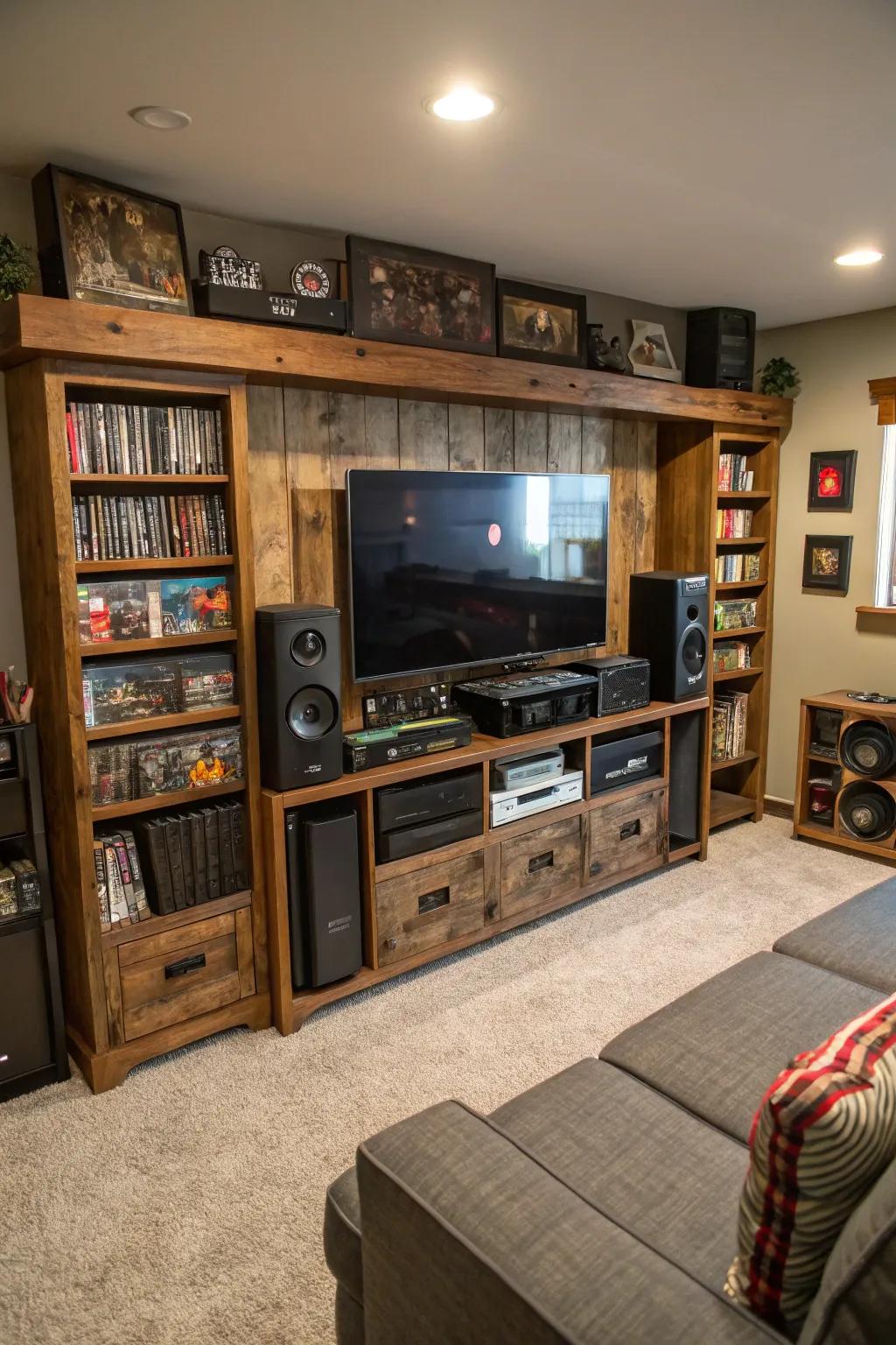 A custom entertainment center stands as the central point of focus in this man cave.