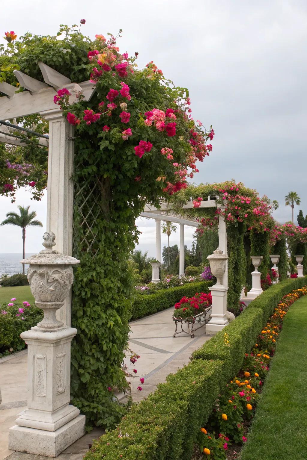 Ornamental features elevate the allure of a support with flourishing blushing trumpet vine.